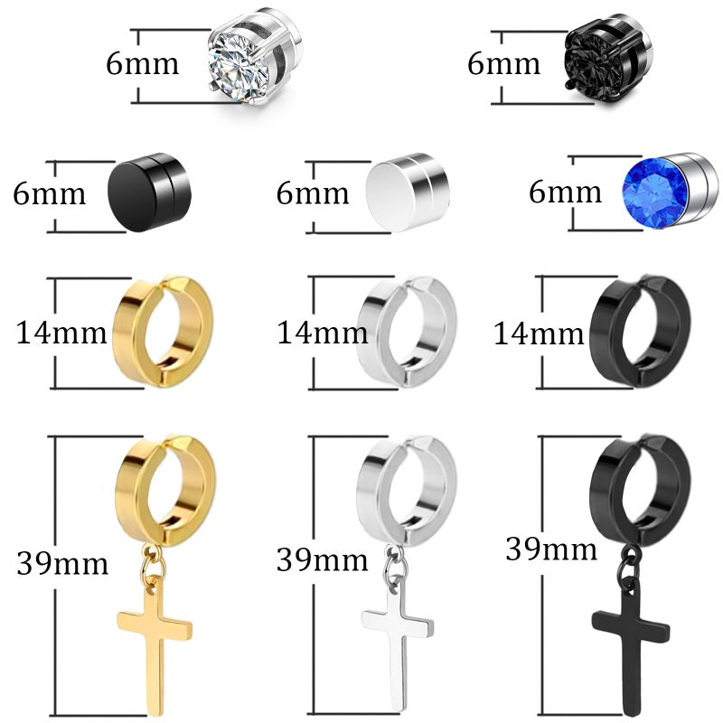 KWUNCCI Magnetic Earrings for Men, 11 Pairs Clip On Studs, Non Pierced, Fake, Black Cross Hoop Dangle Earrings for Women - Image 4