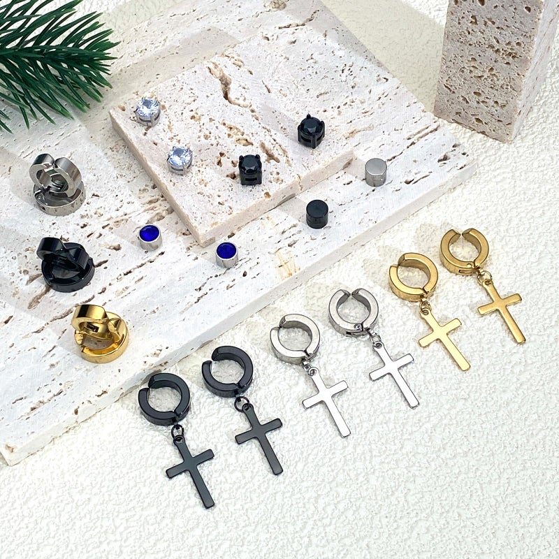 KWUNCCI Magnetic Earrings for Men, 11 Pairs Clip On Studs, Non Pierced, Fake, Black Cross Hoop Dangle Earrings for Women - Image 3