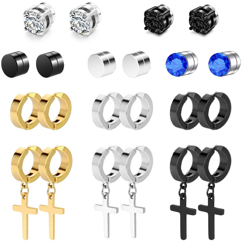 KWUNCCI Magnetic Earrings for Men, 11 Pairs Clip On Studs, Non Pierced, Fake, Black Cross Hoop Dangle Earrings for Women - Image 1