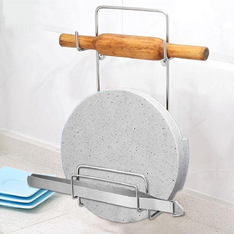 AADHIK Chakla Belan and Tawa Stand for Kitchen, Premium Stainless Steel, Rolling Pin Board Holder, Wall Mount, 3 in 1 - Image 4