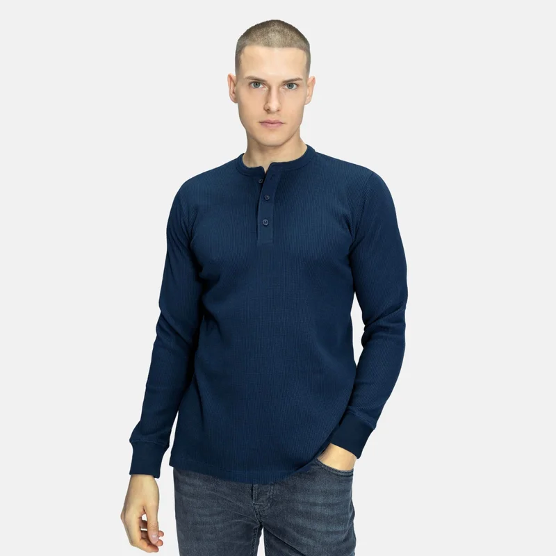 Blinky London Buttoned Neck Long Sleeve Waffle T-shirt