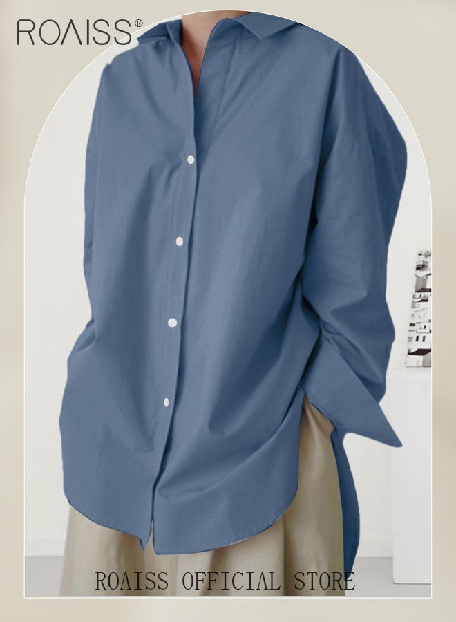 roaiss Ladies Comfortable Lapel Shirt for Daily Commute - Single-Breasted Long Sleeve Top with Simple Solid Color Design and Loose Fit  - Image 3