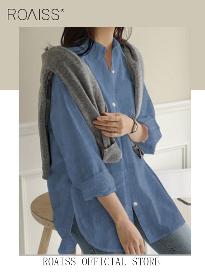 roaiss Ladies Comfortable Lapel Shirt for Daily Commute - Single-Breasted Long Sleeve Top with Simple Solid Color Design and Loose Fit  - Image 4