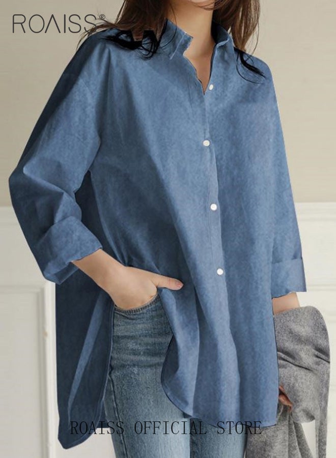 roaiss Ladies Comfortable Lapel Shirt for Daily Commute - Single-Breasted Long Sleeve Top with Simple Solid Color Design and Loose Fit  - Image 2