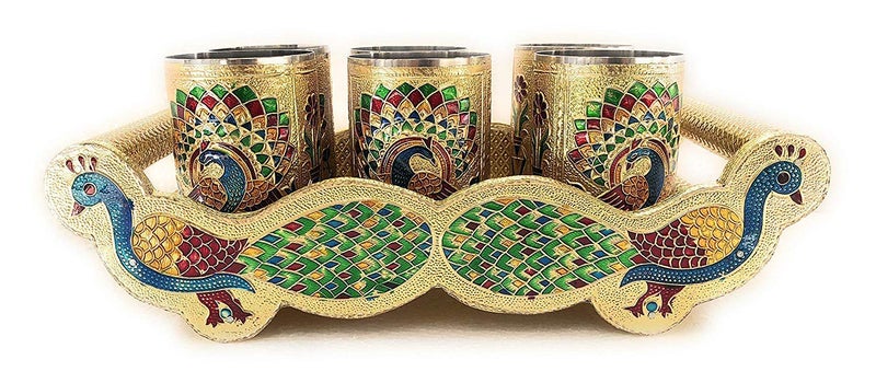 dhavl Handicrafts Set of 6 Stain Less Steel Glass Indian Hand Made Meena Work Peacock Design Golden Color Diwali Christmas Tumbler Gift Set Item Golden Golden Glass with Tray - Image 1