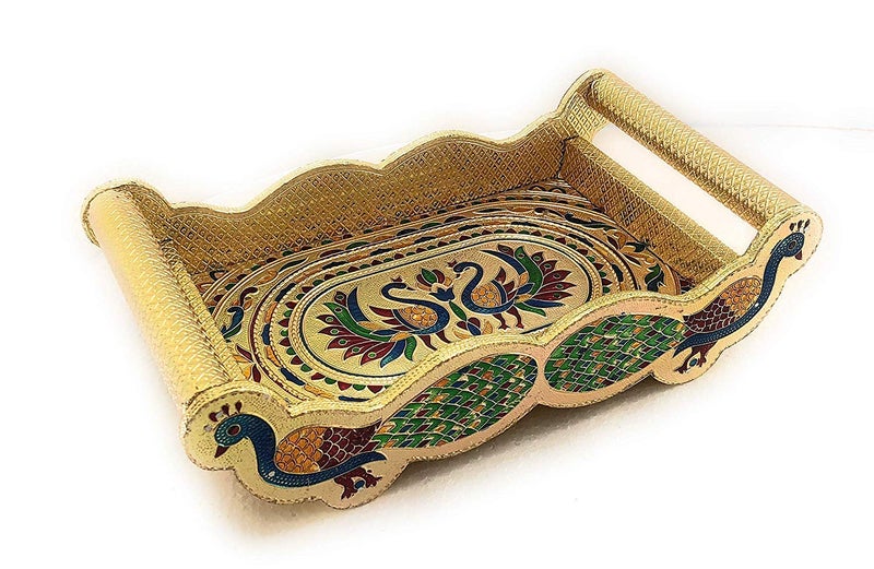 dhavl Handicrafts Set of 6 Stain Less Steel Glass Indian Hand Made Meena Work Peacock Design Golden Color Diwali Christmas Tumbler Gift Set Item Golden Golden Glass with Tray - Image 2
