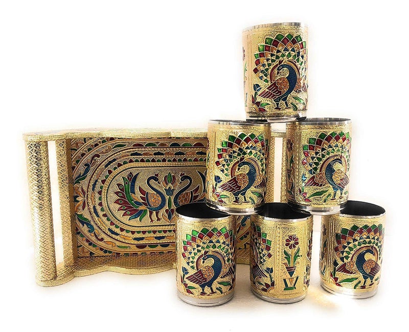 dhavl Handicrafts Set of 6 Stain Less Steel Glass Indian Hand Made Meena Work Peacock Design Golden Color Diwali Christmas Tumbler Gift Set Item Golden Golden Glass with Tray - Image 5