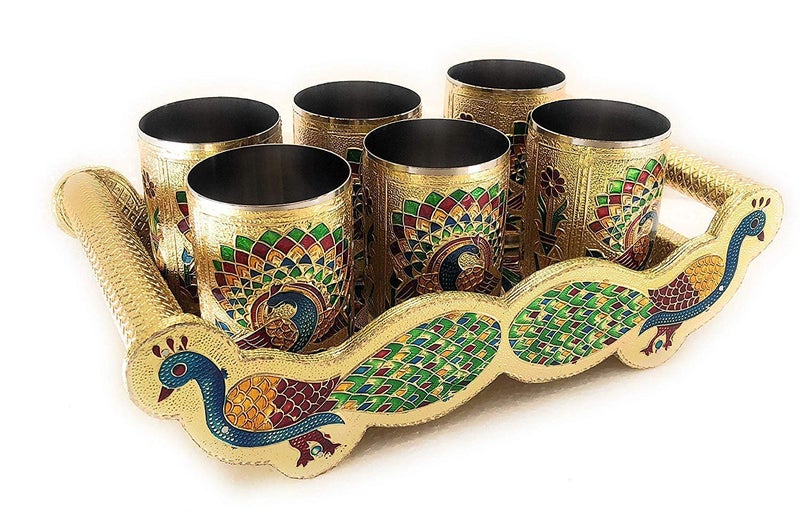 dhavl Handicrafts Set of 6 Stain Less Steel Glass Indian Hand Made Meena Work Peacock Design Golden Color Diwali Christmas Tumbler Gift Set Item Golden Golden Glass with Tray - Image 3