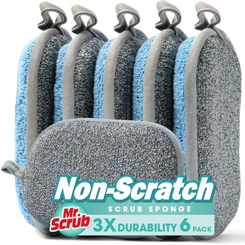 MR. SCRUB Sponges Kitchen Dish Sponge for Washing Dishes Cleaning Kitchen, All-Purpose, 6 Pack, Non Scratch, Rough Scrubbers Side for Non-Stick Cookware, Soft Microfiber Scrub Side for Dishes, Mr. Scrub - Image 1