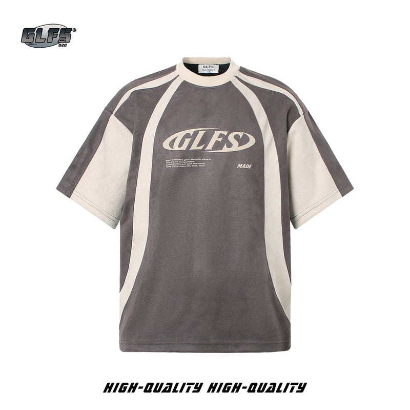 Glfs National Fashion Men'S Stitching Design Suede Short Sleeve Foam Printing High Street Tee College Style Youth T - Image 1