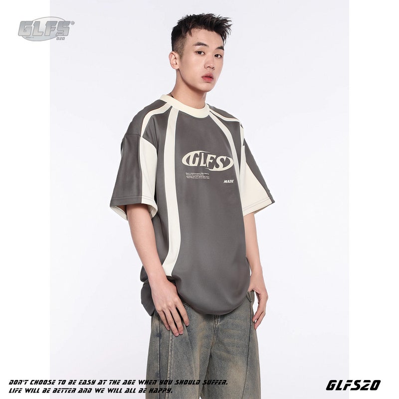Glfs National Fashion Men'S Stitching Design Suede Short Sleeve Foam Printing High Street Tee College Style Youth T - Image 3