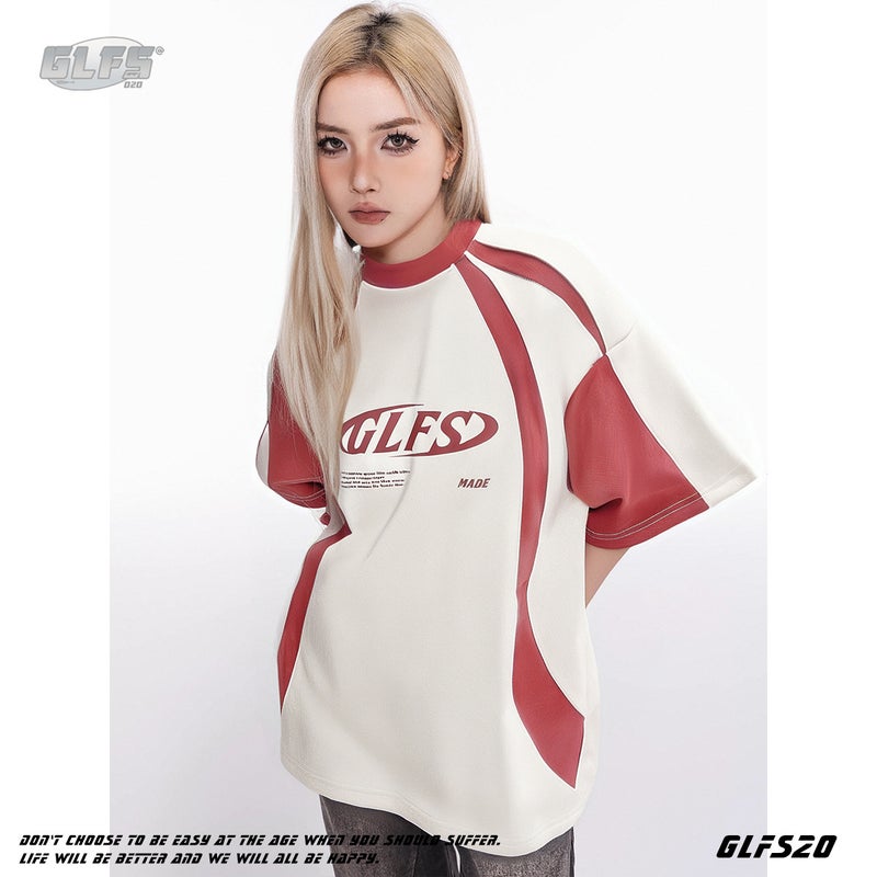 Glfs National Fashion Men'S Stitching Design Suede Short Sleeve Foam Printing High Street Tee College Style Youth T - Image 4