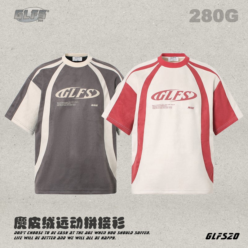 Glfs National Fashion Men'S Stitching Design Suede Short Sleeve Foam Printing High Street Tee College Style Youth T - Image 5