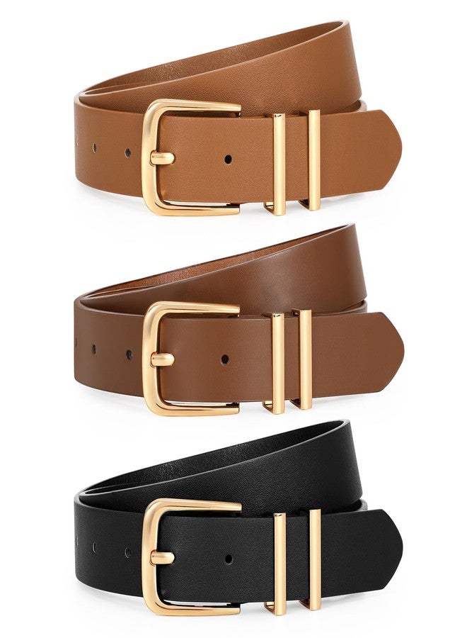 LEACOOLKEY 3 Pack Women's Leather Belts for Jeans Dress Pants Fashion Ladies Leather Belts with Gold Buckle - Image 1