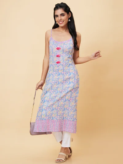 globus Globus Women Blue Floral Printed Shoulder Straps Pure Cotton Straight Kurta