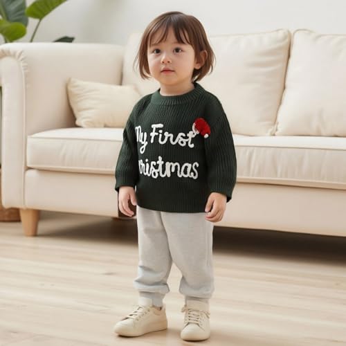 allshope Newborn Baby Girl Boy Christmas Knit Sweater My First Christmas Hat Embroidery Winter Sweatshirt Outfit Fall Clothes (Blackish Green, 0-3 Months) - Image 3