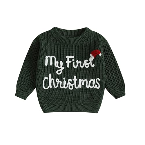 allshope Newborn Baby Girl Boy Christmas Knit Sweater My First Christmas Hat Embroidery Winter Sweatshirt Outfit Fall Clothes (Blackish Green, 0-3 Months) - Image 1