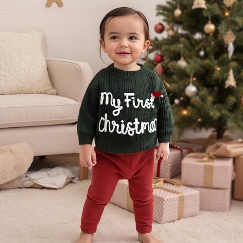 allshope Newborn Baby Girl Boy Christmas Knit Sweater My First Christmas Hat Embroidery Winter Sweatshirt Outfit Fall Clothes (Blackish Green, 0-3 Months) - Image 2