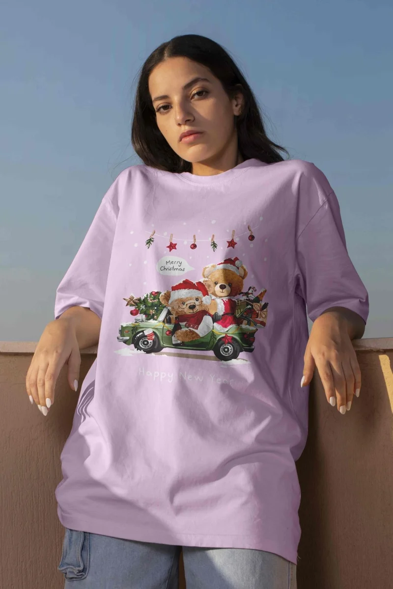DogFish Teddy Printed Women's Oversize Pink T-Shirt