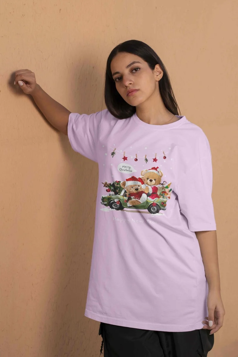 DogFish Teddy Printed Women's Oversize Pink T-Shirt