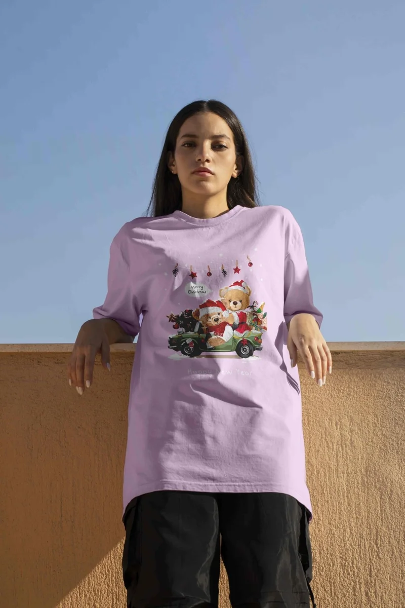 DogFish Teddy Printed Women's Oversize Pink T-Shirt