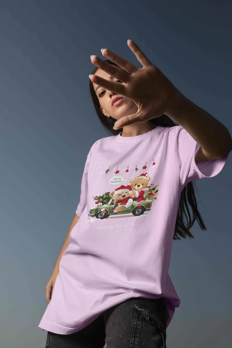 DogFish Teddy Printed Women's Oversize Pink T-Shirt