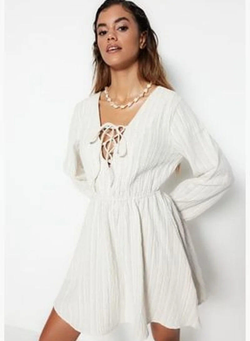 trendyol Ecru Mini Knitted Bound Beach Dress