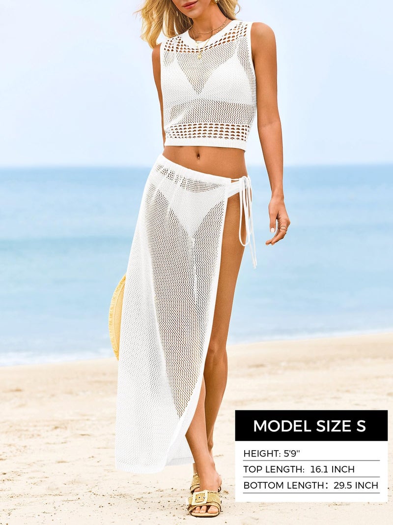 Fisoew Womens Crochet Swim Cover Ups 2 Piece Sleeveless Crop Tops Beach Wrap Skirt Hollow Out Boho Coverup Set White - Image 4