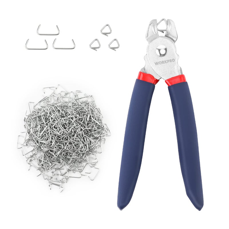 WORKPRO Hog Ring Pliers with 500 Pcs 3/4" Hog Rings, Galvanized Steel Hog Rings Perfect for Furniture Upholstery, Auto Upholstery, Plastic Meat & Sausage Casings - Image 1