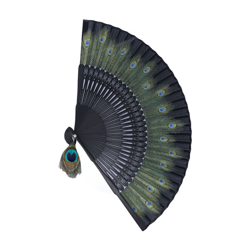 Folding Fan Black Bones Beautiful Peacock Pattern Antique Bamboo Hand Fan for Performance Clothes Decoration Gift - Image 1