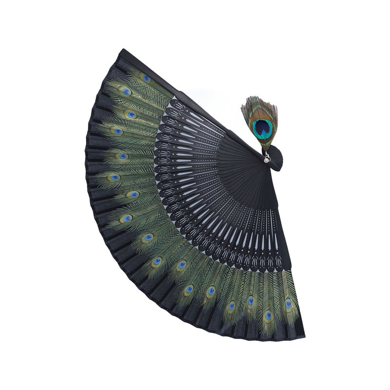 Folding Fan Black Bones Beautiful Peacock Pattern Antique Bamboo Hand Fan for Performance Clothes Decoration Gift - Image 2
