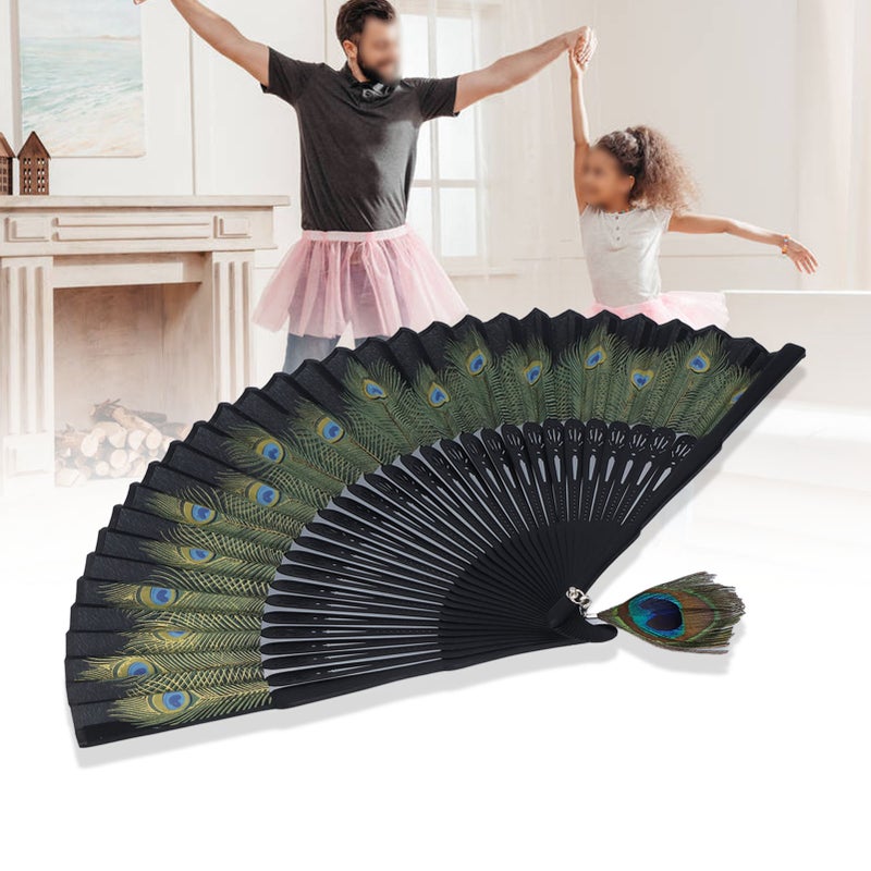 Folding Fan Black Bones Beautiful Peacock Pattern Antique Bamboo Hand Fan for Performance Clothes Decoration Gift - Image 5
