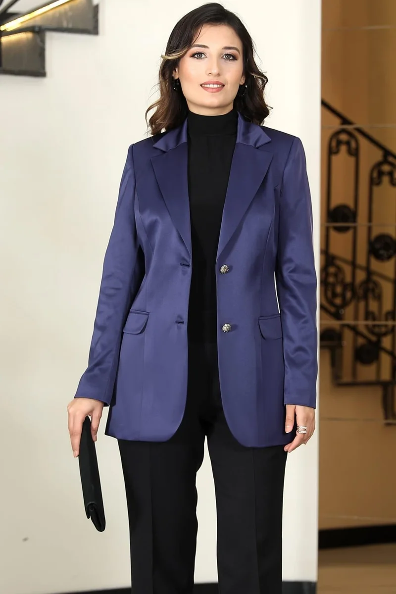 Esilanur Yaren Lined Satin Jacket Navy Blue