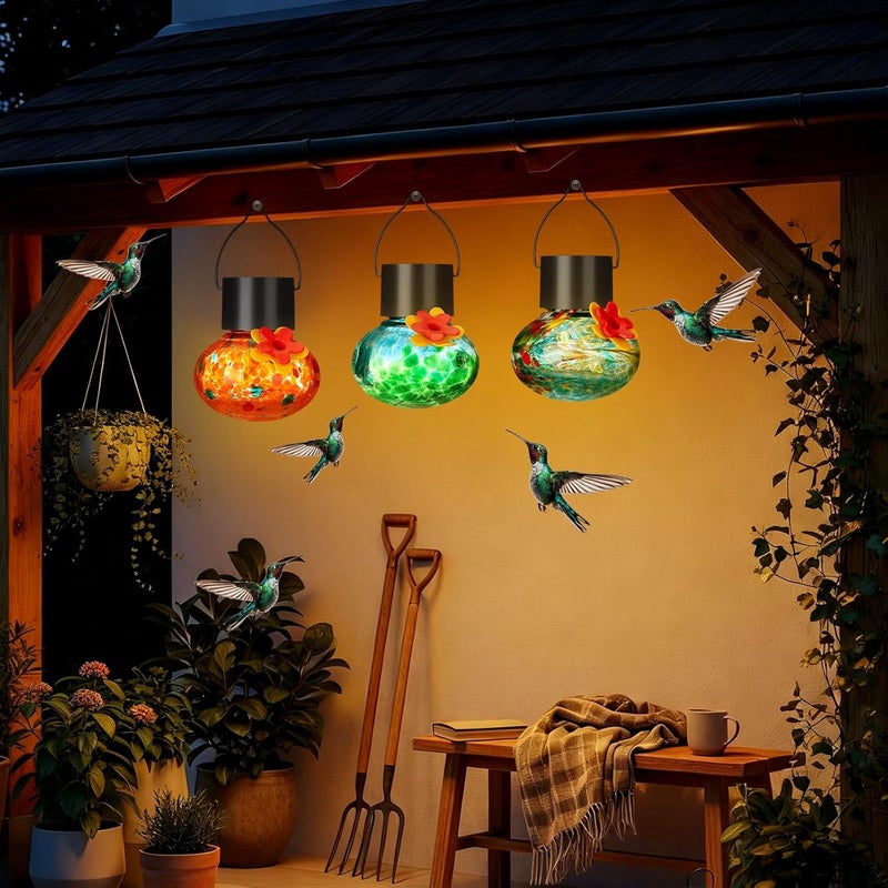 Nuogo 3 Pcs 3.54 Inch Blown Glass Hummingbird Feeders Solar Powered Glass Hummingbird Feeder with LED Light for Outdoors Hanging Window Garden Decor Ant and Bee Resistant - Image 3