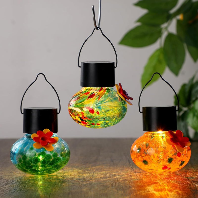 Nuogo 3 Pcs 3.54 Inch Blown Glass Hummingbird Feeders Solar Powered Glass Hummingbird Feeder with LED Light for Outdoors Hanging Window Garden Decor Ant and Bee Resistant - Image 4