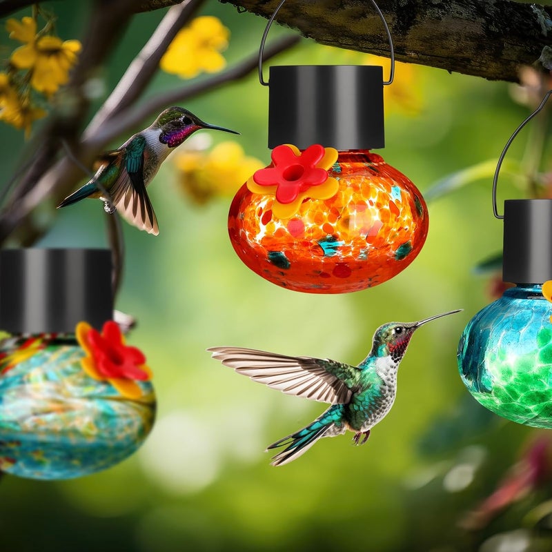 Nuogo 3 Pcs 3.54 Inch Blown Glass Hummingbird Feeders Solar Powered Glass Hummingbird Feeder with LED Light for Outdoors Hanging Window Garden Decor Ant and Bee Resistant - Image 5
