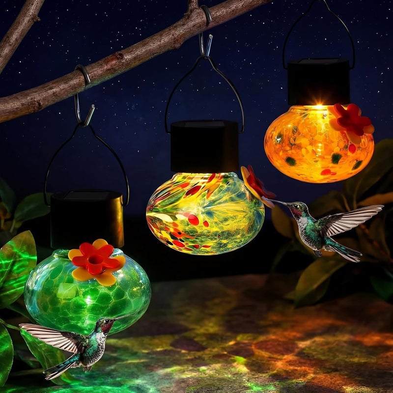 Nuogo 3 Pcs 3.54 Inch Blown Glass Hummingbird Feeders Solar Powered Glass Hummingbird Feeder with LED Light for Outdoors Hanging Window Garden Decor Ant and Bee Resistant - Image 1