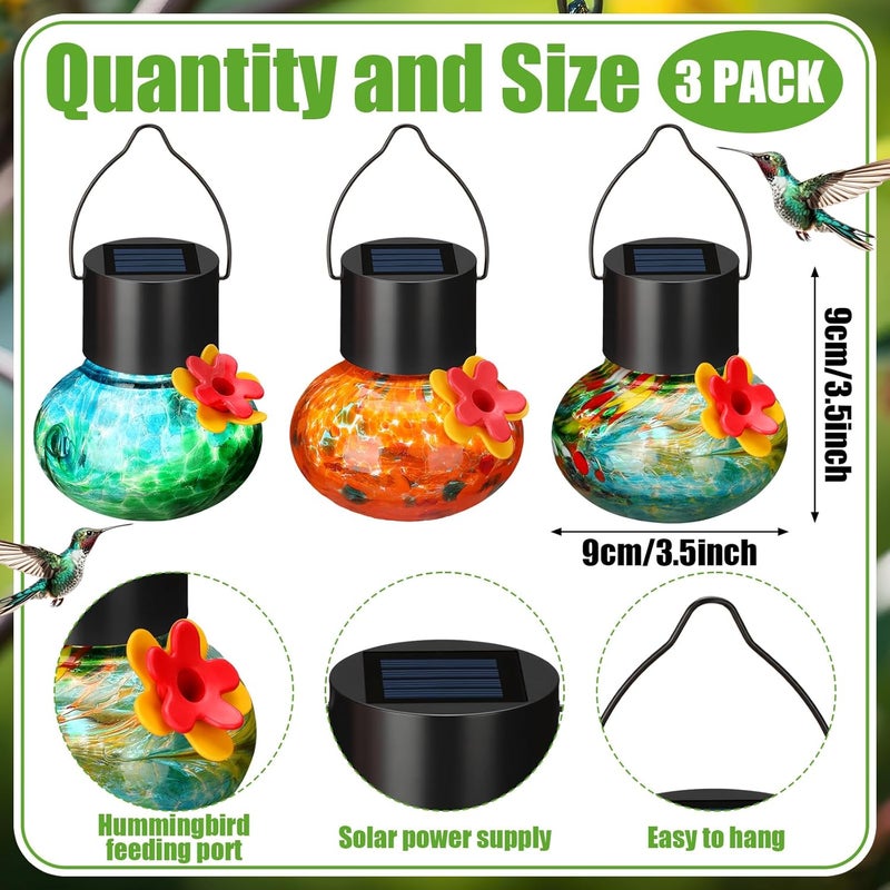 Nuogo 3 Pcs 3.54 Inch Blown Glass Hummingbird Feeders Solar Powered Glass Hummingbird Feeder with LED Light for Outdoors Hanging Window Garden Decor Ant and Bee Resistant - Image 2