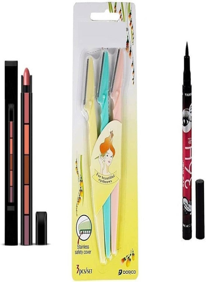 Ublic Combo Of Facial Razor With Black Eyeliner And 5 In 1 Red Lipstick - Image 1