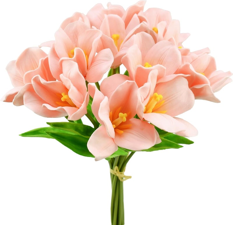 Mandy's Artificial Tulips 12 Stems Pink Fully Bloomed PU Faux Flowers for Thanksgiving and Christmas Decorations Wedding Home Decor 13.5 Inch - Image 1
