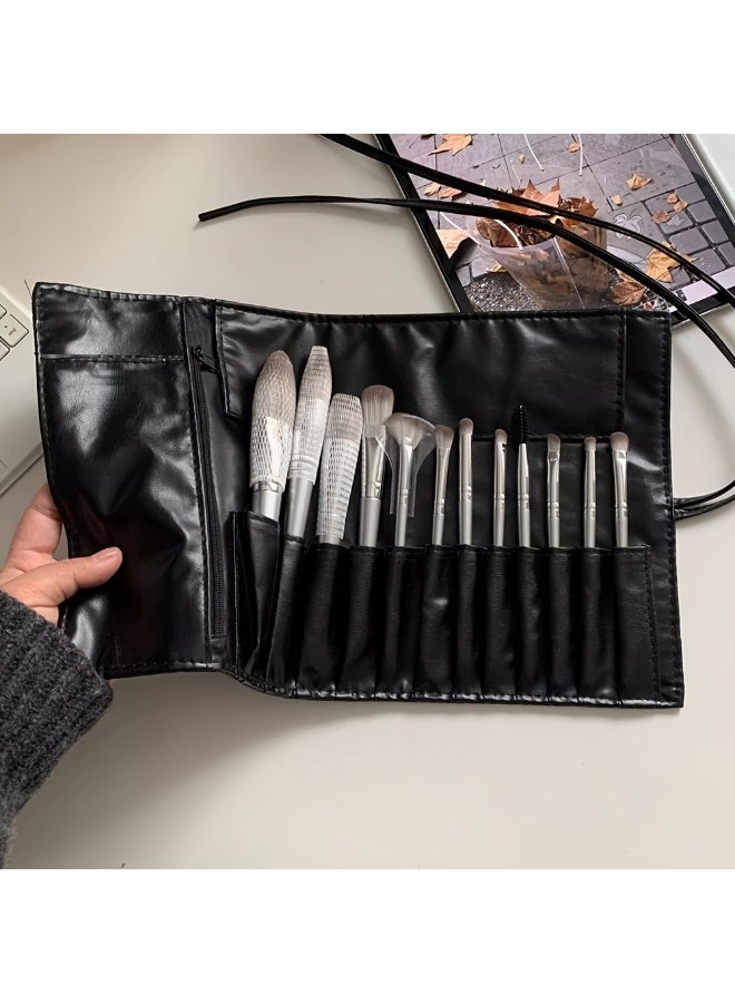 حقيبة تخزين فرش مكياج أنيقة بـ 12 فتحة مع جيب مخفي بسحاب، حقيبة تخزين أقلام مكياج قابلة للطي، حقيبة مكياج سوداء للنساء - Image 2