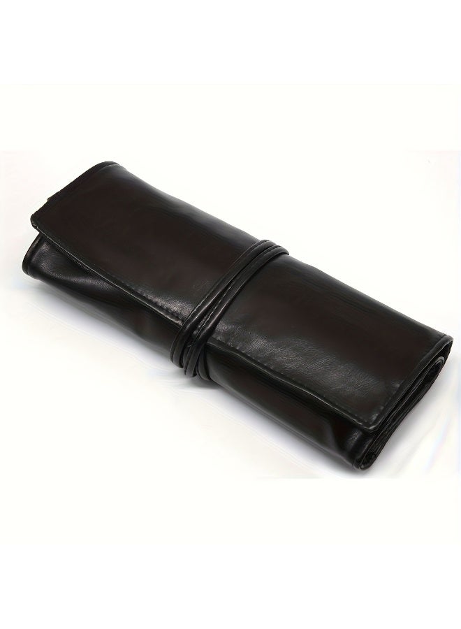 حقيبة تخزين فرش مكياج أنيقة بـ 12 فتحة مع جيب مخفي بسحاب، حقيبة تخزين أقلام مكياج قابلة للطي، حقيبة مكياج سوداء للنساء - Image 3