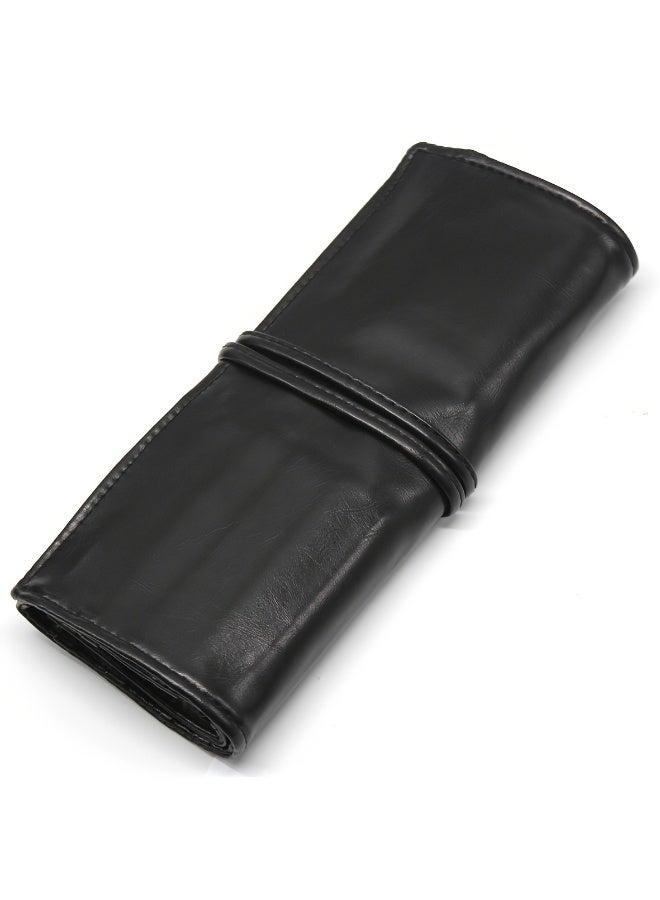 حقيبة تخزين فرش مكياج أنيقة بـ 12 فتحة مع جيب مخفي بسحاب، حقيبة تخزين أقلام مكياج قابلة للطي، حقيبة مكياج سوداء للنساء - Image 4