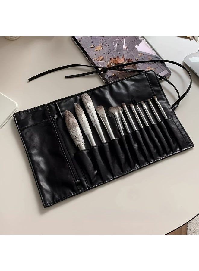 حقيبة تخزين فرش مكياج أنيقة بـ 12 فتحة مع جيب مخفي بسحاب، حقيبة تخزين أقلام مكياج قابلة للطي، حقيبة مكياج سوداء للنساء - Image 1