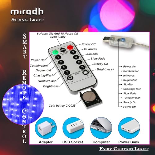 MIRADH 300 LED Fairy Curtain String Lights – USB Powered Remote-Controlled Backdrop, Warm Ambience for Diwali, Navratri, Christmas & New Year Décor,(Blue) - Image 3