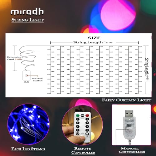 MIRADH 300 LED Fairy Curtain String Lights – USB Powered Remote-Controlled Backdrop, Warm Ambience for Diwali, Navratri, Christmas & New Year Décor,(Blue) - Image 2