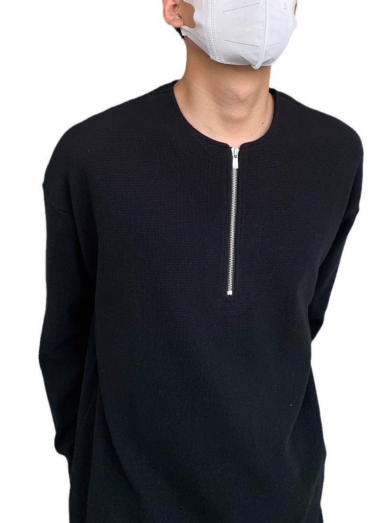 Fashion Waffle-Knit Half-Zip Long Sleeve Tee Black