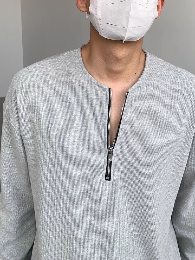 Fashion Waffle-Knit Half-Zip Long Sleeve Tee Black