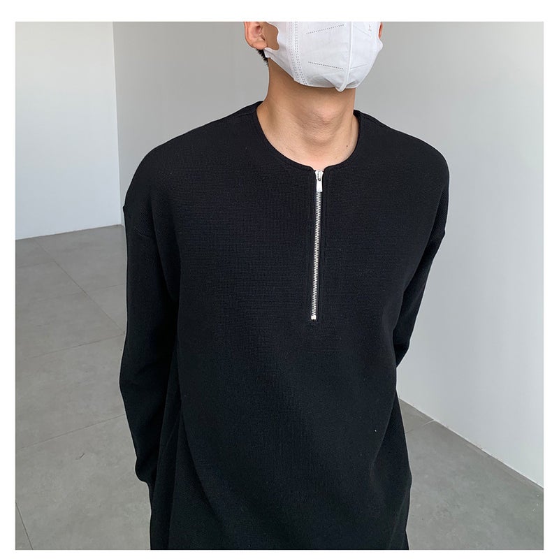 Fashion Waffle-Knit Half-Zip Long Sleeve Tee Black