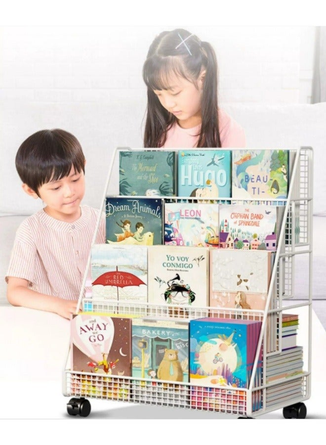 رف كتب متنقل للأطفال مكون من 3 طبقات مزود بعجلات وغطاء تخزين عميق، رف كتب معدني للعرض رف كتب للأطفال رف تخزين ألعاب رف تخزين صندوق تخزين منظم مجلات رف كتب للأطفال الصغار منظم رف كتب لغرفة نوم وغرفة لعب - Image 4
